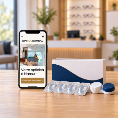 Smartphone affichant le site Optic Crombag pour commander des lentilles en ligne, à côté de lentilles sous blister et d’un étui.