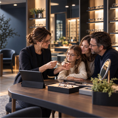 Une opticienne présente une monture à une famille dans un magasin chaleureux et moderne.