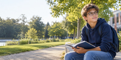 Adolescent myope portant des lunettes et regardant au loin après avoir lu dans un parc.