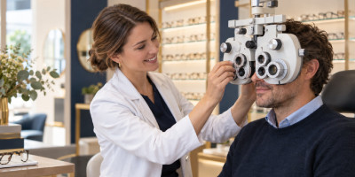 Optométriste réalisant un contrôle visuel auprès d’une cliente pendant la Semaine de la Vision en Belgique.