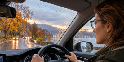 Conductrice portant des lunettes au volant sous la pluie, sur une route bordée d’arbres aux couleurs de l’automne.