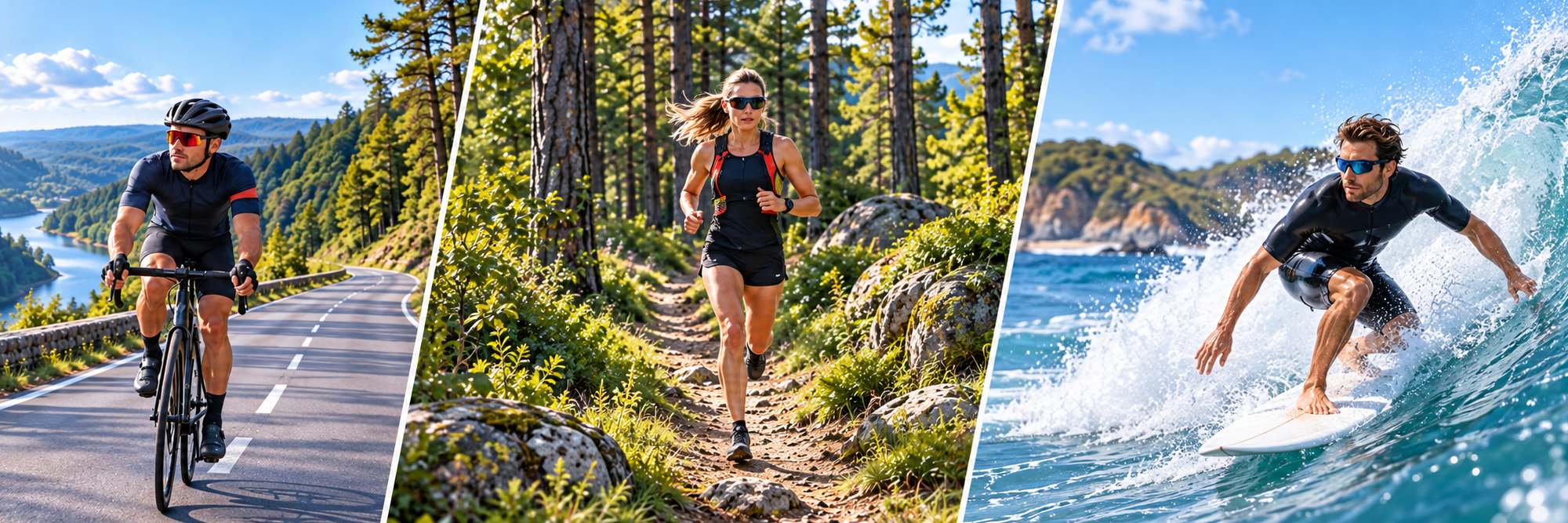 Cycliste sur une route de montagne, traileuse courant sur un sentier forestier et surfeur sur une vague, tous équipés de lunettes de sport.