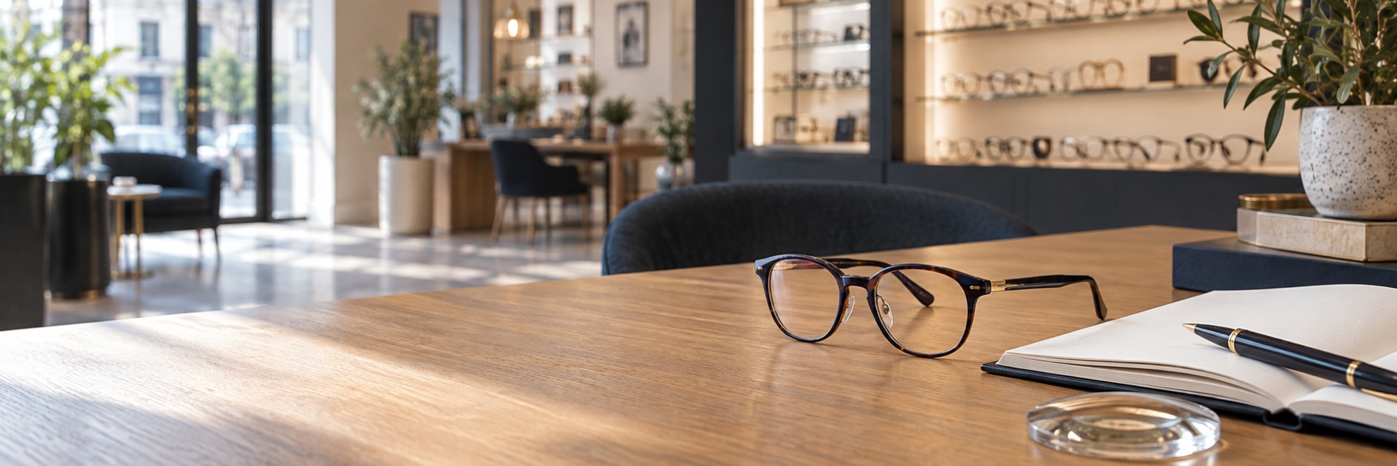 Lunettes de vue posées sur une table en bois, à côté d’un carnet et d’un stylo, dans une boutique d’optique moderne.