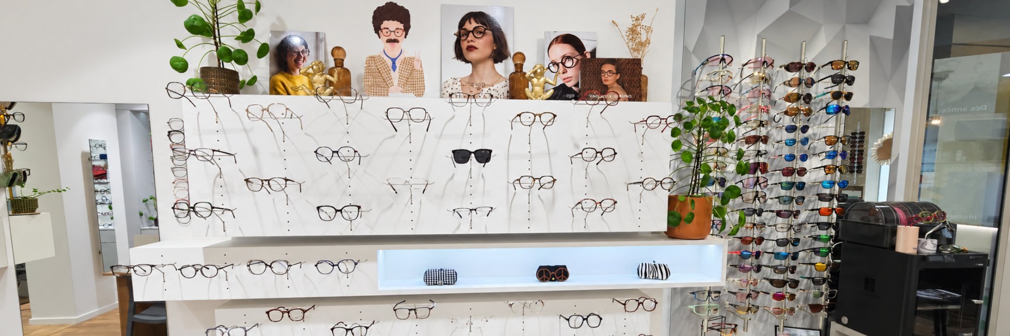 présentoirs vue de long avec des lunettes optique